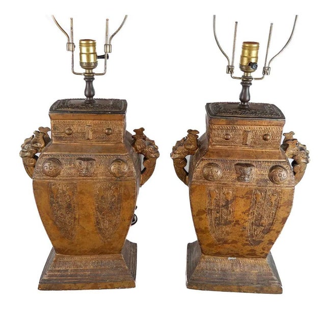 Pair of Asian Urn Form Gilt Table Lamps For Sale - Image 4 of 4
