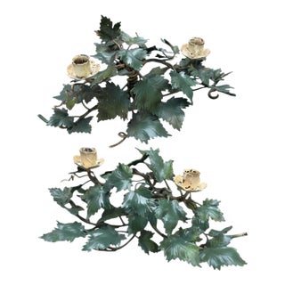 Pair of Mid-Century Italian Hand Painted Tole Vine 2-Cup Candleholders. For Sale