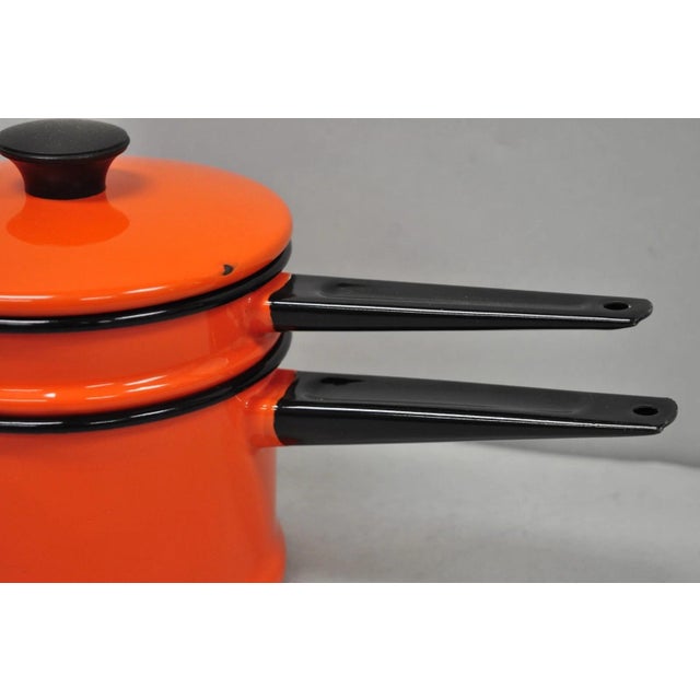 Mid 20th Century Vintage Enamel Orange & Black Metal Double Boiler Nesting Pot W/ Lid For Sale - Image 5 of 13