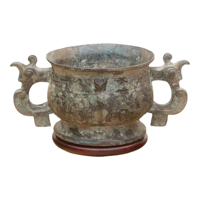 Antique Dragon Bronze Vase W/ Verdigris Patina For Sale