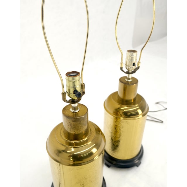 Brass Pair of Asian Style c1070s Cylinder Shape Base Table Lamps Wooden Feet MINT! For Sale - Image 8 of 17