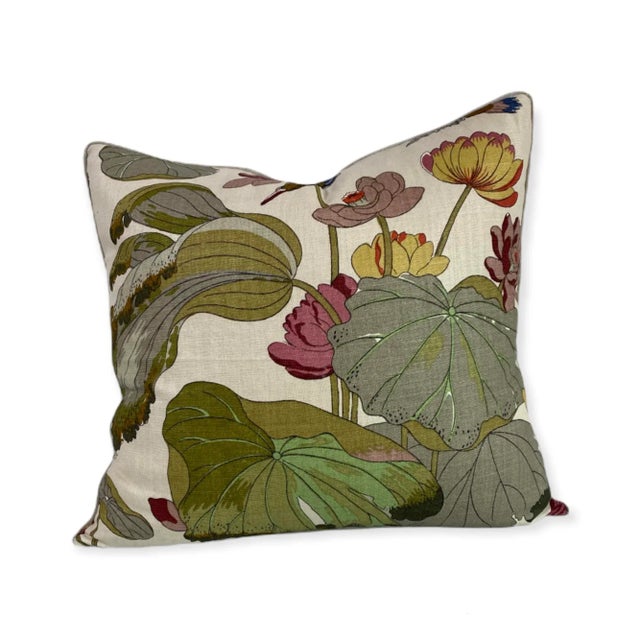 custom made G P & J BAKER NYMPHEUS pillows with matching piping edges. Invisible zipper and feather down insert included.