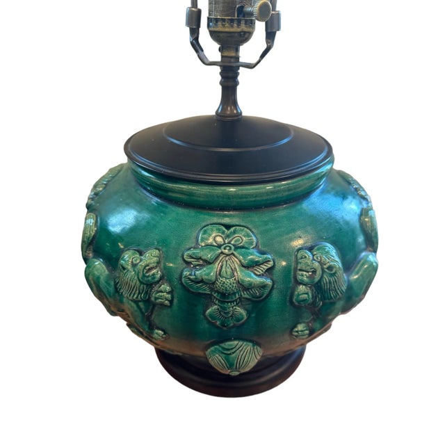 Beautiful pair of found jade and emerald green antique Majolica Chinese ceramic lamps! Hand-crafted with majestic foo dogs...