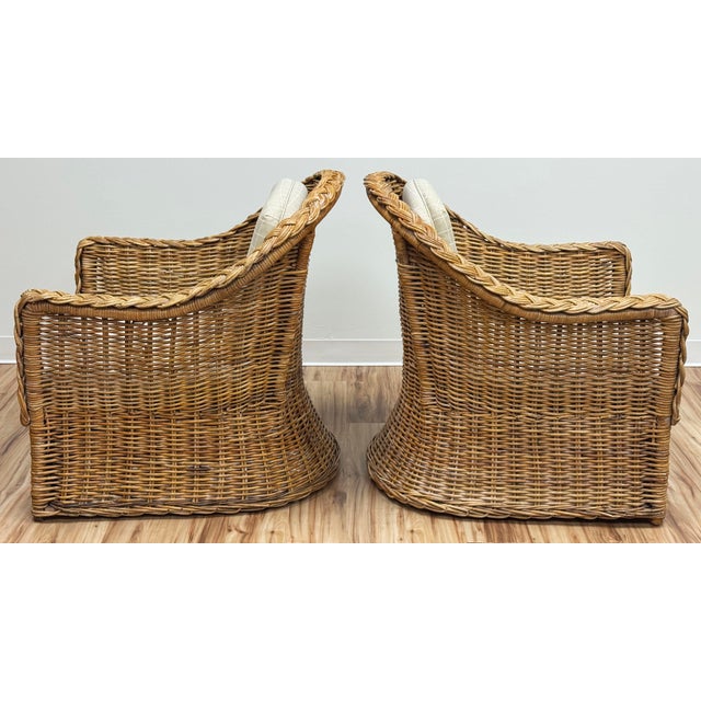 Wood Vintage Braided Wicker Club Chair Pair With Ottoman For Sale - Image 7 of 16
