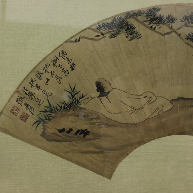 Chinese Vintage Chinese Fan Painting Figure Sleeping Under Pine Trees Framed Ink and Color on Paper With Calligraphy Poem For Sale - Image 3 of 13