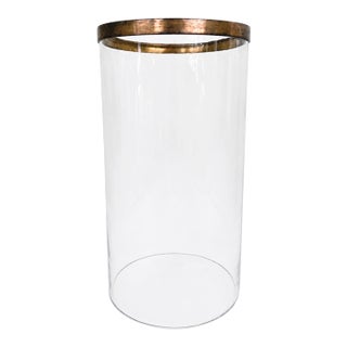 Vintage Mid-Century Clear Glass Lamp Shade With Solid Brass Rim | Large Replacement Hurricane Shade For Sale