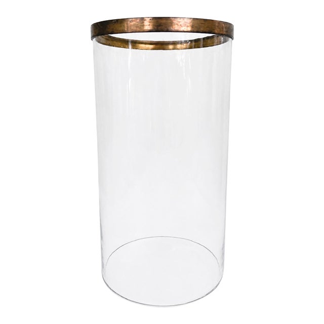 Vintage Mid-Century Clear Glass Lamp Shade With Solid Brass Rim | Large Replacement Hurricane Shade For Sale