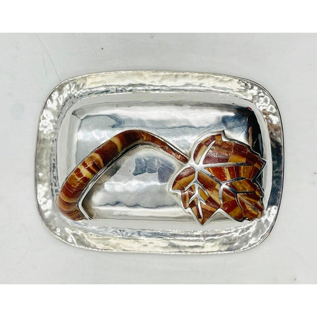 Silver 1980s Emilia Castillo Silver Plated “Maple Leaf” Jasper Inlay Covered Butter Dish For Sale - Image 8 of 14