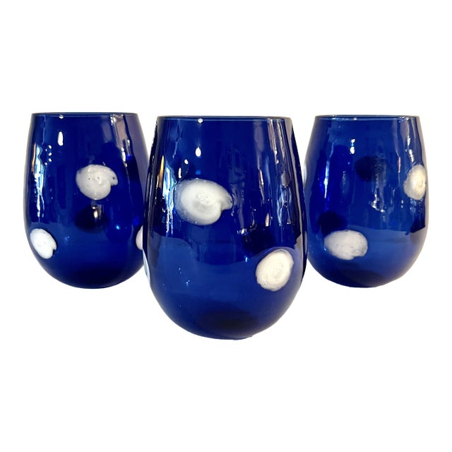 2000s Vertri Cobalt Blue Dot Stemless Wine Glasses - Set of 3 For Sale