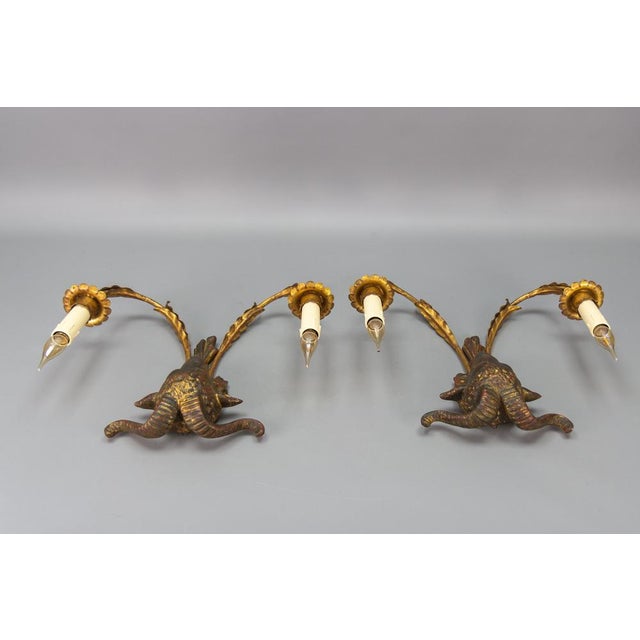 Palladio Gilt Metal and Giltwood Rams Head Two-Light Sconces, 1960s, Set of 2 For Sale - Image 13 of 18