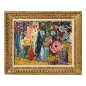 Impressionist Oil on Canvas Still Life of Flowers in Vases
