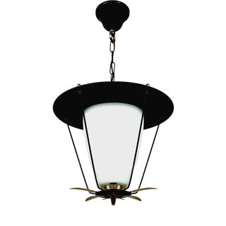 Black Metal and White Opaline Lantern with Brass, France, 1950s For Sale
