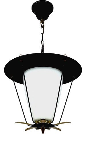 Black Metal and White Opaline Lantern with Brass, France, 1950s