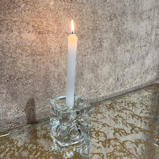 1960s Crystal Glass Modern Cube Candle Holder Pair For Sale - Image 9 of 10