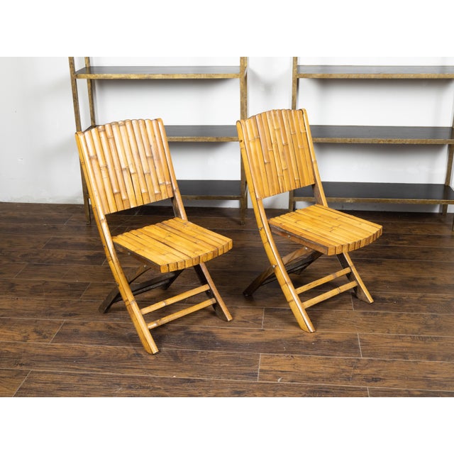 Wood Pair of Midcentury Bamboo Folding Chairs with Slatted Design and Light Patina For Sale - Image 7 of 10