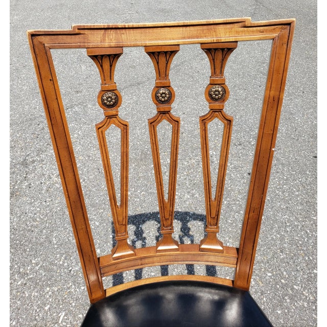 Set of Four j.l. Metz Furniture French Walnut, Brass and Top Grain Cow Hide Leather Seat Dining Chairs For Sale - Image 4 of 9