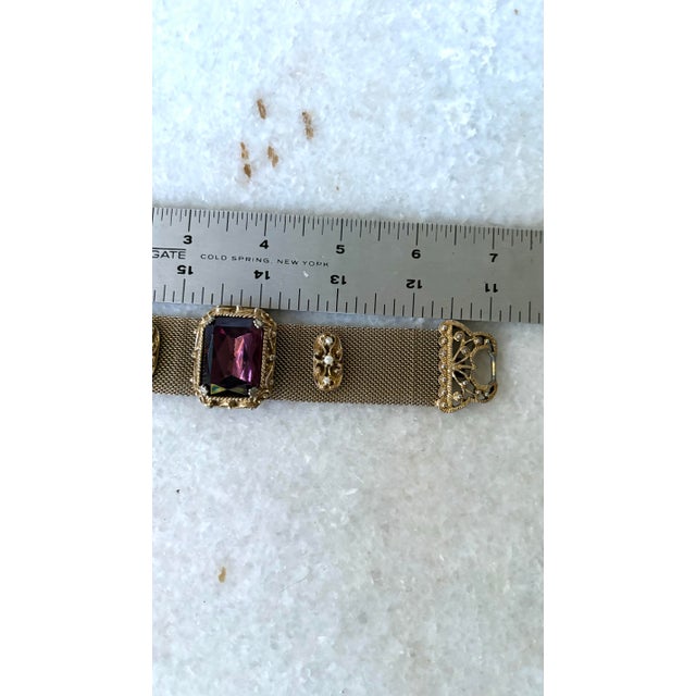 Mid 20th Century Gold-Tone Woven Mesh Bracelet With Rectangular Glass Setting Deep Purple For Sale - Image 5 of 7