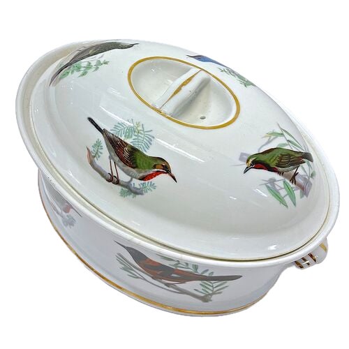 Vintage French Lourioux wild bird porcelain lidded tureen with handles. Marked "Fireproof Porcelain, Le Fauna, L....