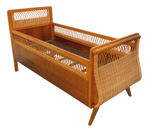 Vintage Baby Cot in Oak and Rattan, 1960s-1970s