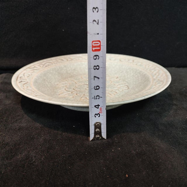 Chinese Ceramic Plate,Guan Ware Crackle Glaze Porcelain Plate Hand Carved Flowers Pattern For Sale - Image 9 of 10
