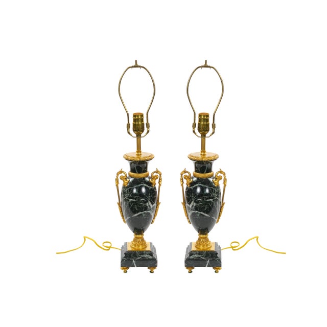 French Pair Bronze-Mounted Antico-Verde Marble Urn-Form Table Lamps French, 19th Cent For Sale - Image 3 of 13
