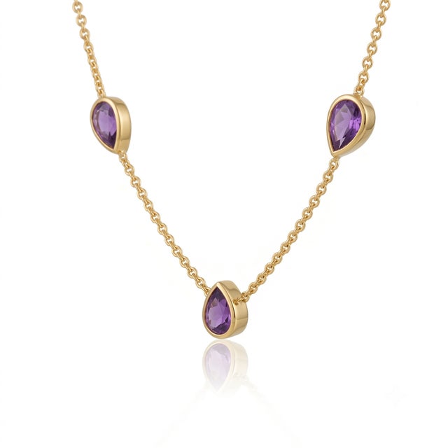 Contemporary Amethyst Tri-Stone Pear Station Necklace, Febraury Birthstone Dainty Necklace For Sale - Image 3 of 4