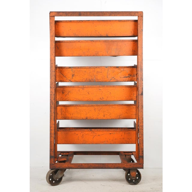 Metal Mid 20th Century Industrial Six Tray Orange Steel Rolling Cart For Sale - Image 7 of 8
