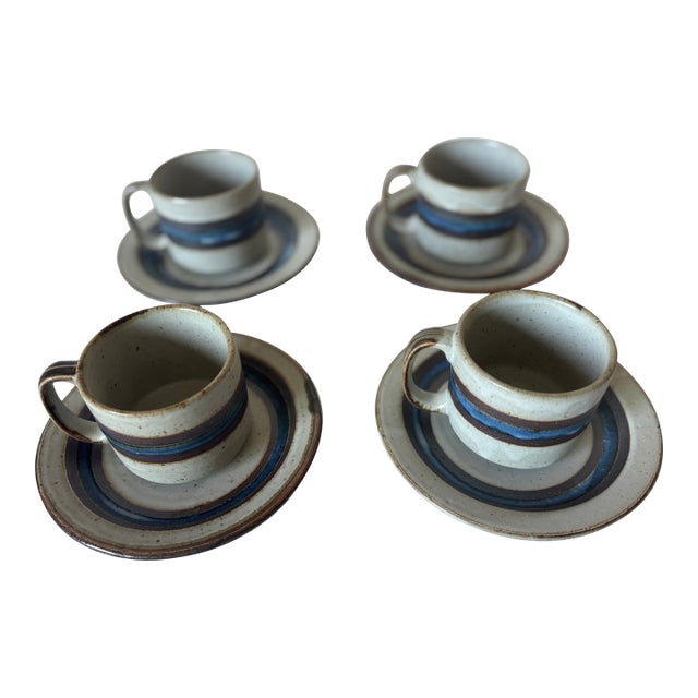 1970s Otagiri Horizon Stoneware Teacups and Saucers Set- 8 Pieces For Sale