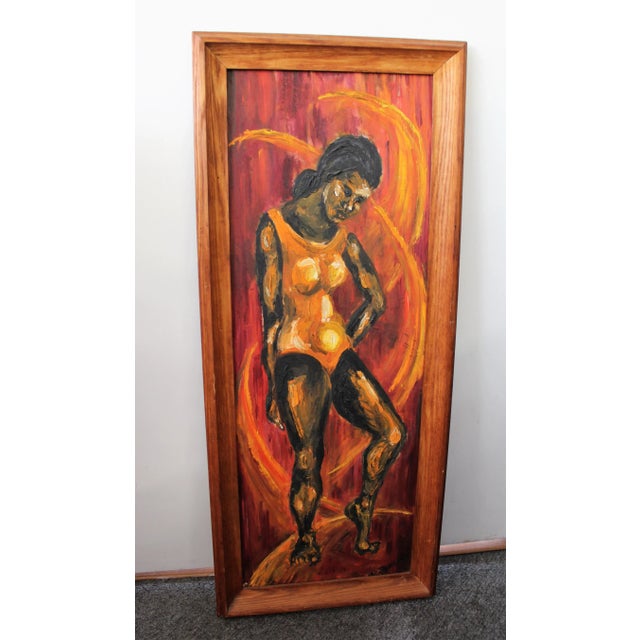 Offered is a vintage modern abstract oil painting of a woman on canvas, signed by Candy Dengler. The wooden frame shows...