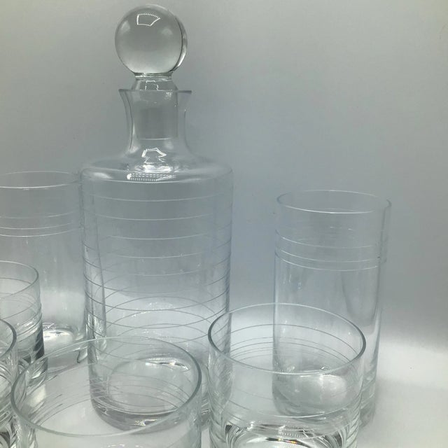 Ring Etched Decanter 4 Lowball Glasses and 2 Highball Glasses-Set of 7 For Sale - Image 11 of 11