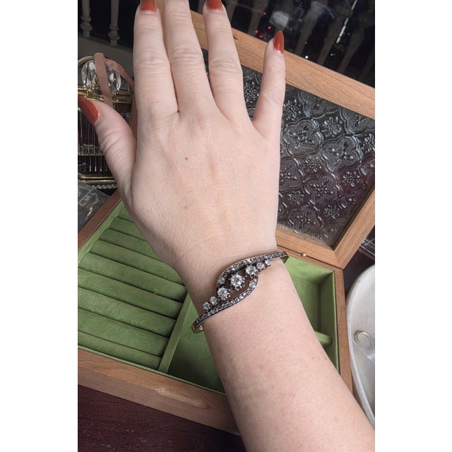 Antique French Napoléon III 2.50 Carats Diamond Cuff Bangle Rose Gold & Silver For Sale - Image 4 of 8