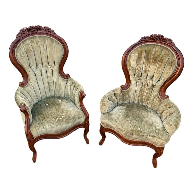 Mid 20th Century His and Hers Victorian Carved Floral Parlor Chairs - Set of 2 For Sale