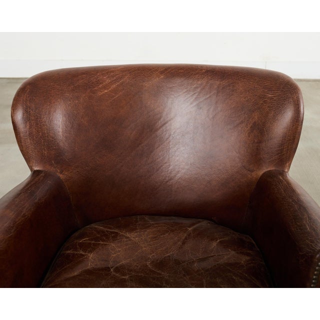 French Art Deco Style Cigar Leather Wing Back Club Chair For Sale - Image 11 of 17