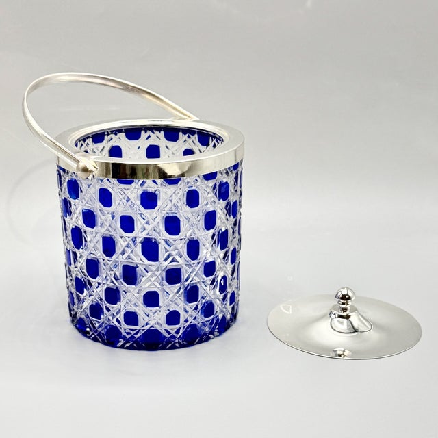 Mid-Century Modern Art Glass Jars with Blue Cut in Clear Crystal Biscuit Barrels with Silver-Plated Mounts, 1950s, Set of 2 For Sale - Image 16 of 18
