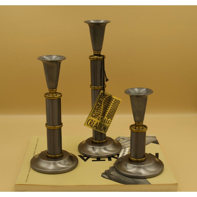 Brass Mid-Century Ernest Sohn Creations Metal Candlesticks, Set of Three, Original Tag For Sale - Image 8 of 8