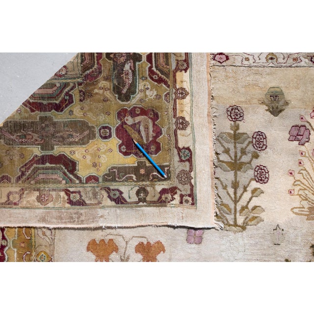 Antique Mid 1800s Allover Botanical Figurative Tan Burgundy Mustard Hand Knotted Wool Low Pile Rug 13’11“ X 15’1“ For Sale - Image 11 of 11