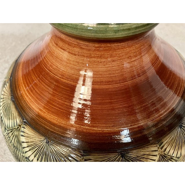 Mid-Century Modern Large Handcrafted Glazed Ceramic Art Table Lamp with Wild Silk Lampshade, Germany, 1960s For Sale - Image 3 of 18