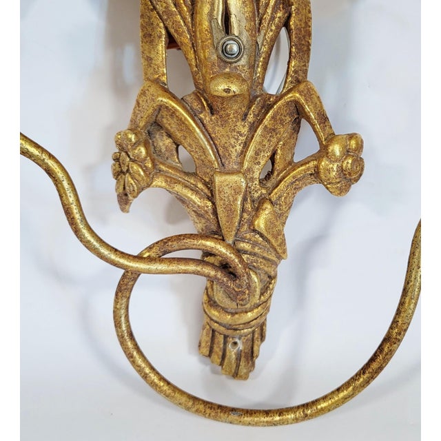Mid 20th Century Vintage Italian Mid-Century Modern Metal & Gilt Carved Wood Floral Wall Sconce For Sale - Image 5 of 9