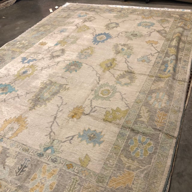 Contemporary Turkish Oushak Rug in Ivory With Turquoise and Yellow Floral Motifs, 10'x14' For Sale - Image 4 of 4