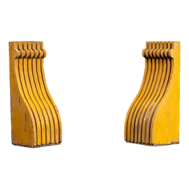 Set of Two C. 1910 Craftsman Wooden Corbels in Mustard Yellow For Sale