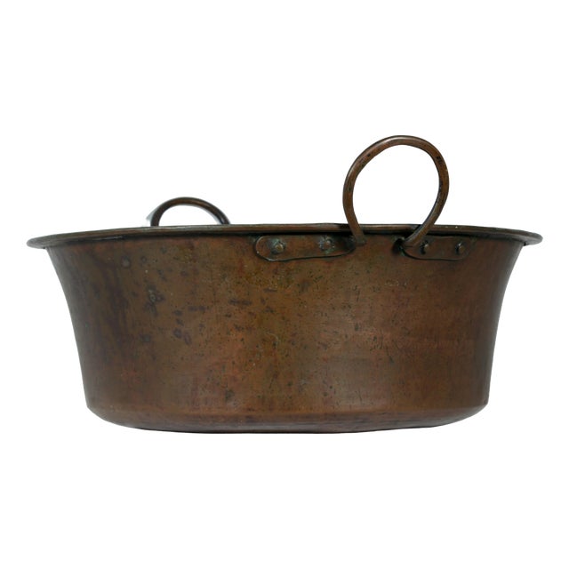 Large Antique Italian Hand-Hammered Copper Basin with Forged Iron Handles, 19th Century For Sale