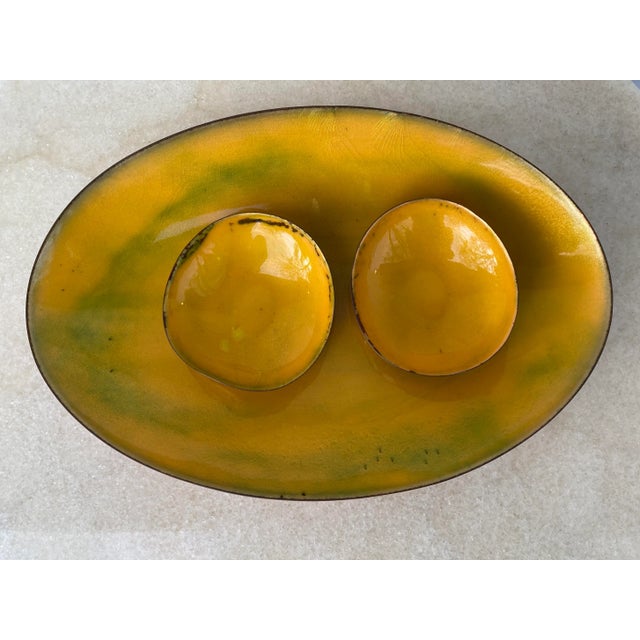 Yellow Enameled Copper Dishes- Set of Three For Sale - Image 9 of 12