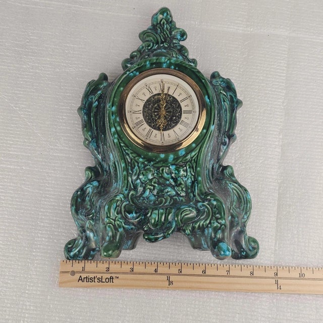 Vintage West German Green & Turquoise Ceramic Mantel Clock, Baroque Rococo Style For Sale - Image 13 of 13