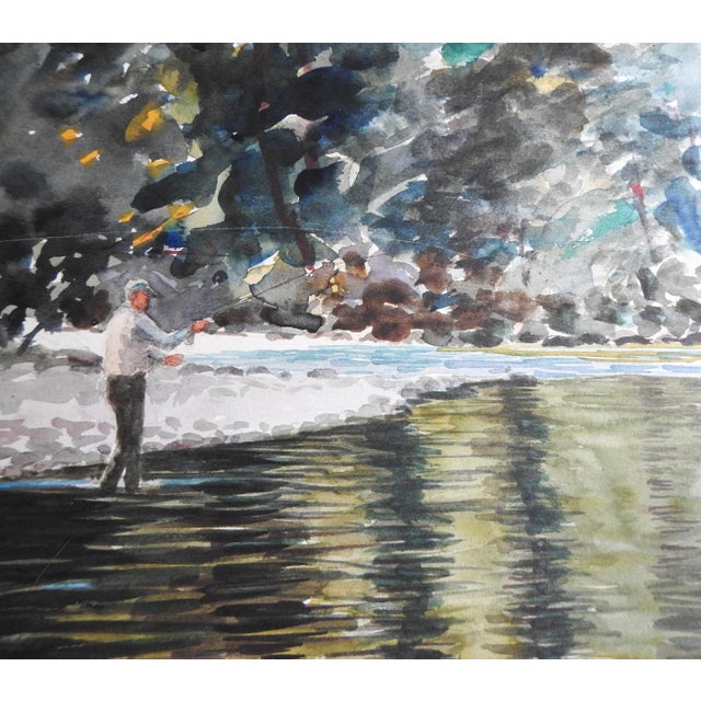 Contemporary Fly Fisherman Watercolor Painting For Sale - Image 4 of 5