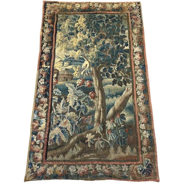 Textile 18th Century Franco-Flemish Verdure Tapestry With Bird in Flowering Landscape For Sale - Image 7 of 11