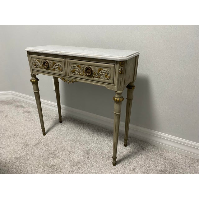 French Vintage Louis XVI Style Painted Gilt Marble-Top Narrow Console Table For Sale - Image 3 of 9