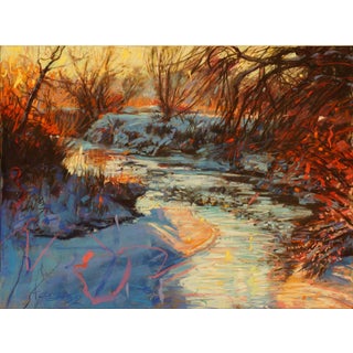 Warm Glow on a Cold Day by Jeff Slemons | Soft Pastel on Sanded Paper of a snowy landscape with a river For Sale