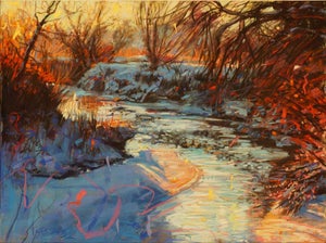 Warm Glow on a Cold Day by Jeff Slemons | Soft Pastel on Sanded Paper of a snowy landscape with a river