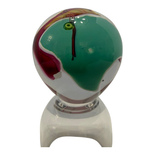 Signed James R. Wilbat Jr Hand Blown Art Glass Paperweight Orb Sculpture 4” Colorful For Sale