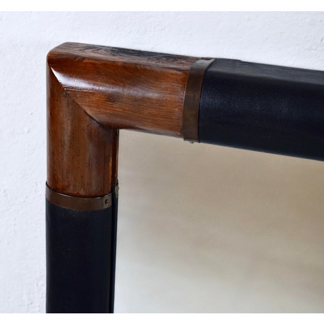 Wood Mid Century Wall Mirror by Pierre Lottier With Leather Wrapped Frame For Sale - Image 7 of 10